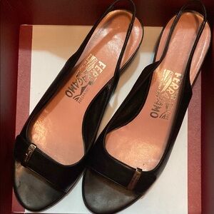 Salvatore Ferragamo Black Patent Leather Slingback Heels